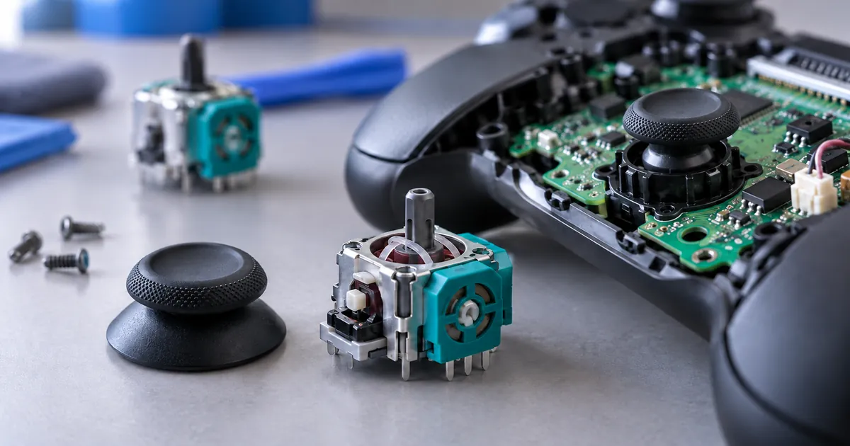 Joystick desmontado y módulo de recambio para reparar el drift de un mando