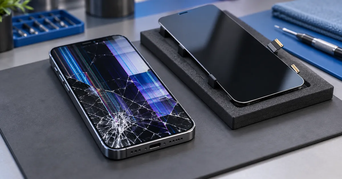 Pantalla fracturada de un móvil junto a un módulo OLED de sustitución