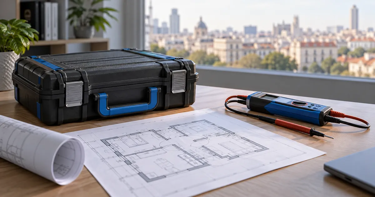 Herramientas de electricidad y plano de vivienda para preparar una valoración