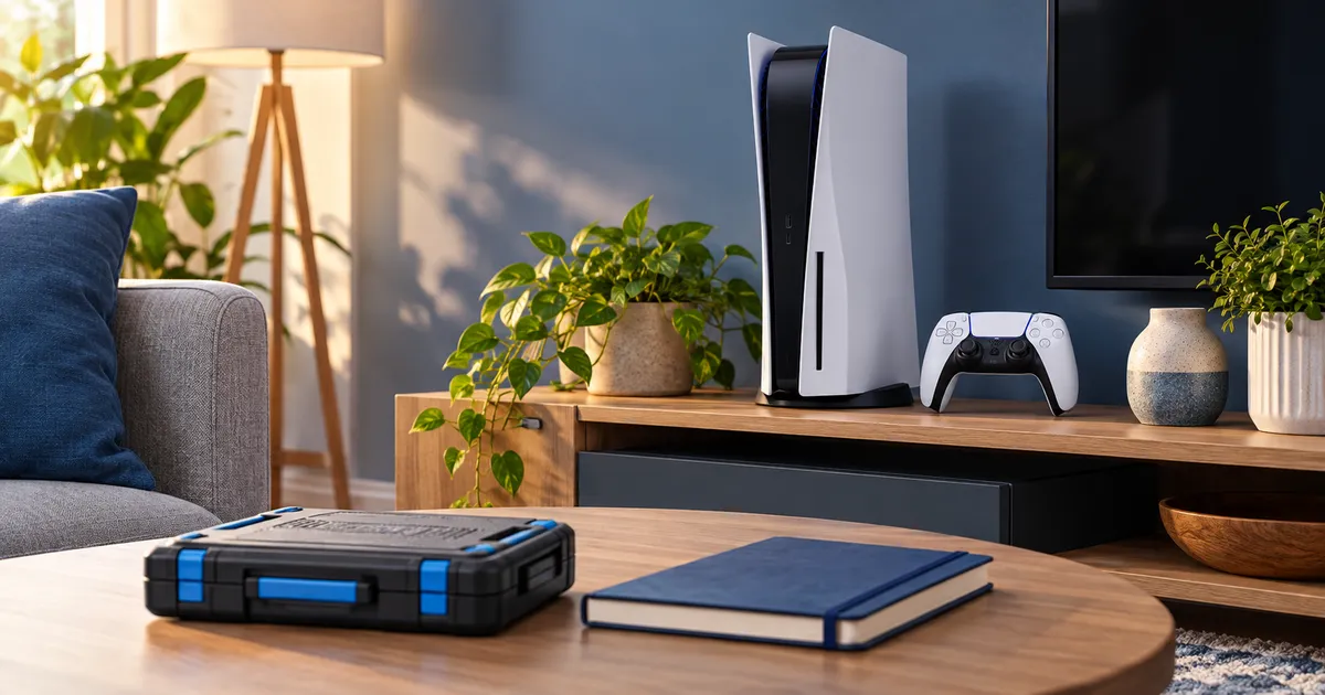 PS5 actual en un salón junto a herramientas cerradas y un cuaderno de presupuesto