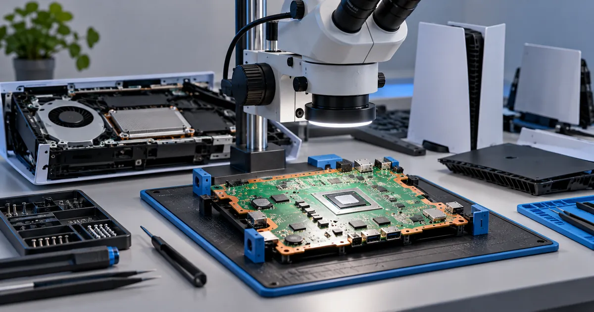 Placa de PS5 bajo un microscopio de diagnóstico electrónico