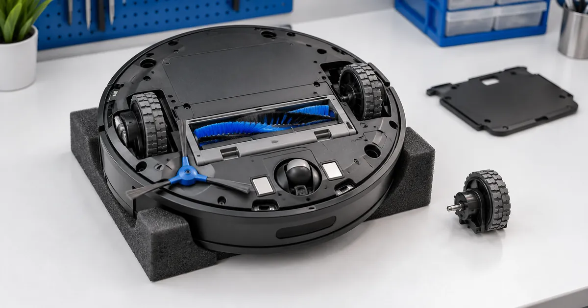 Parte inferior de un robot aspirador Conga con el módulo de rueda a la vista