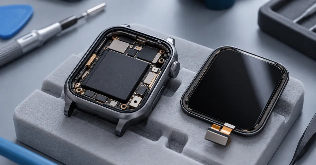 Smartwatch abierto con pantalla y junta de sellado visibles
