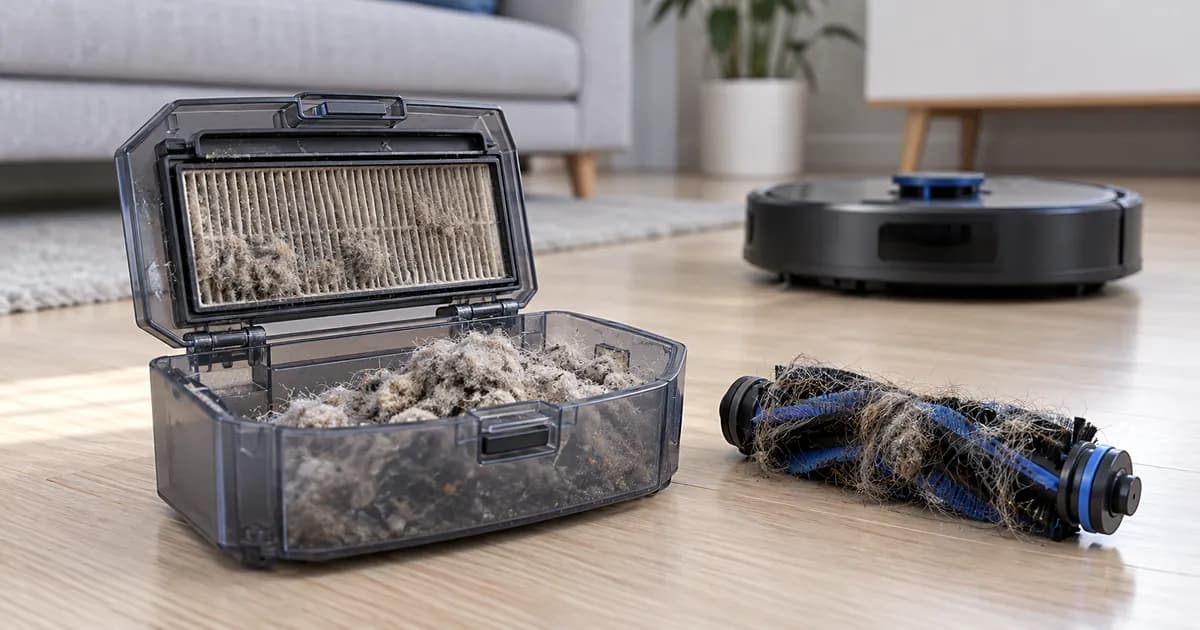 Filtro y cepillo de un robot aspirador obstruidos por polvo y pelusa