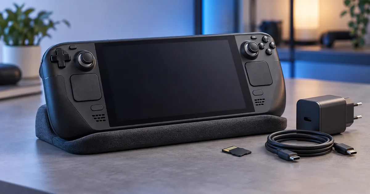 Consola portátil junto a una tarjeta microSD y cargador USB-C