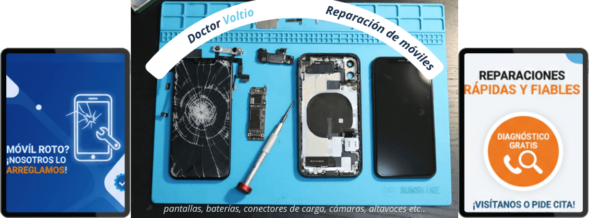 Técnico reparando móvil iPhone en taller Doctor Voltio Madrid