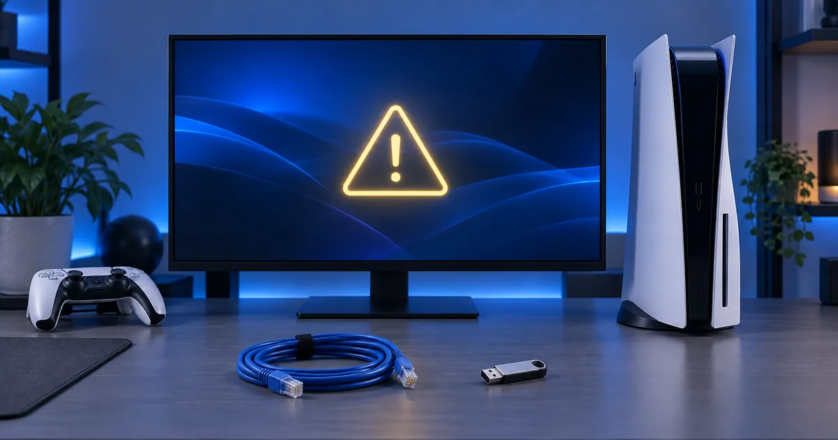 PS5 junto a una pantalla de aviso y accesorios para el diagnóstico