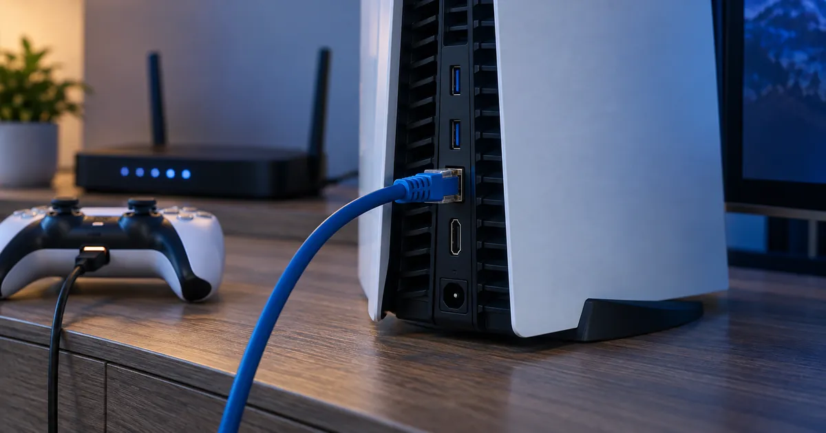 PS5 conectada por cable de red y mando cargando antes de una descarga
