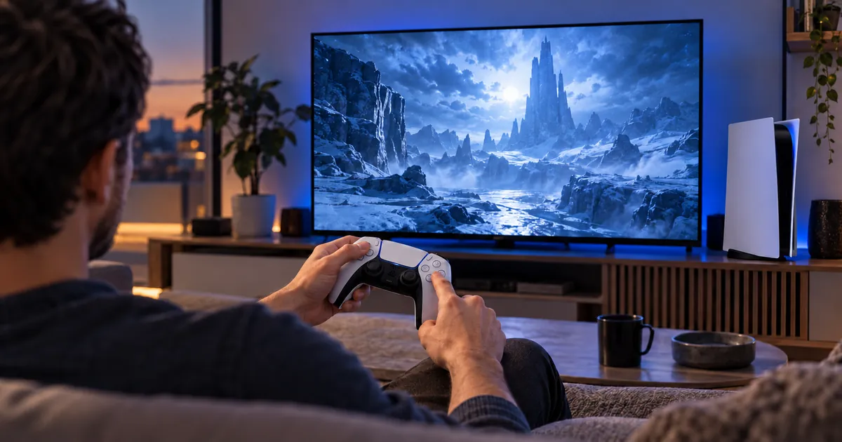 Jugador con mando frente a una PS5 y una imagen de juego detenida